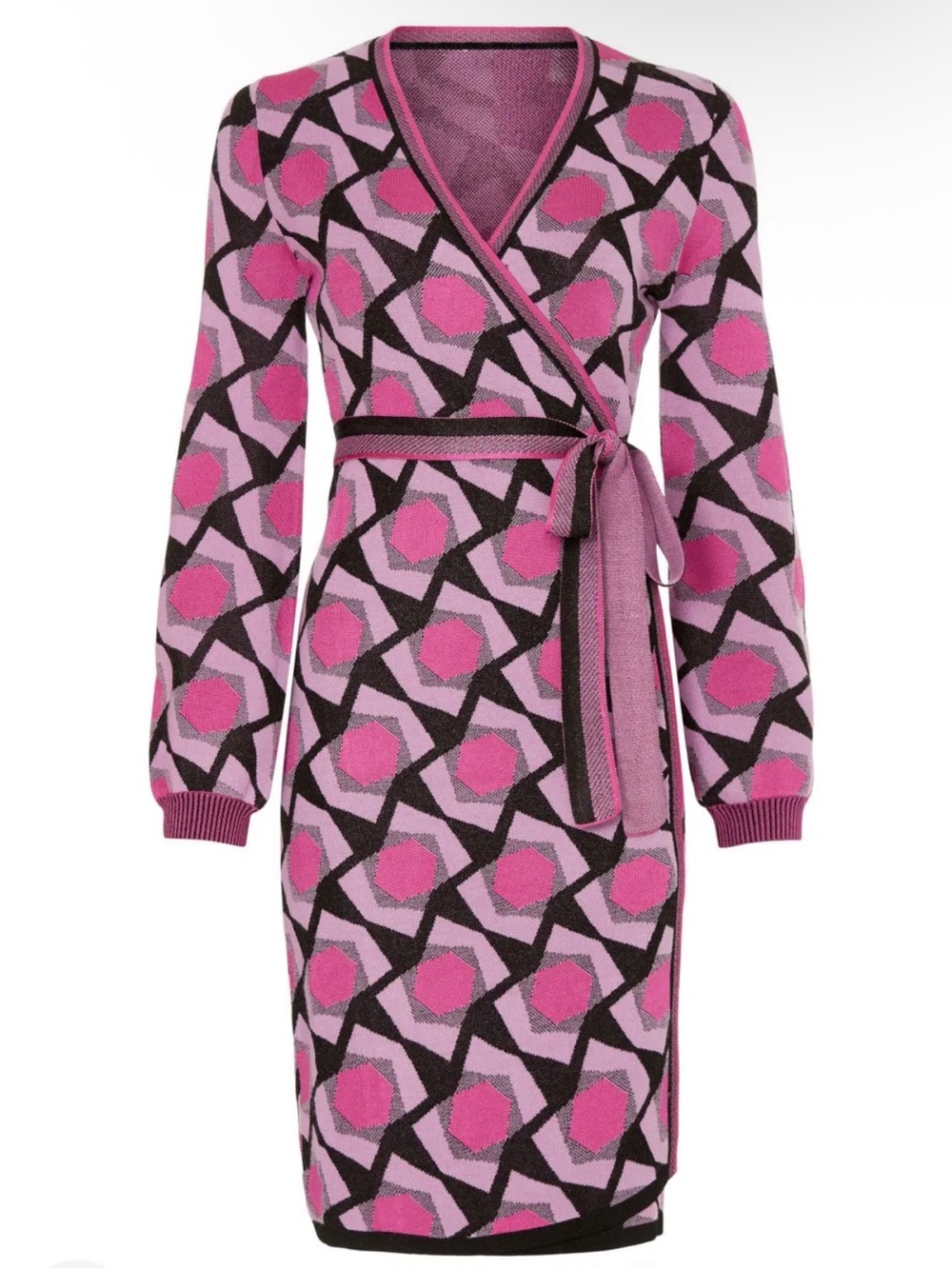 Diane Von Furstenberg Alexio Pink Geometric Wrap Knit Winter Wardrobe Dress - Picture 2 of 8